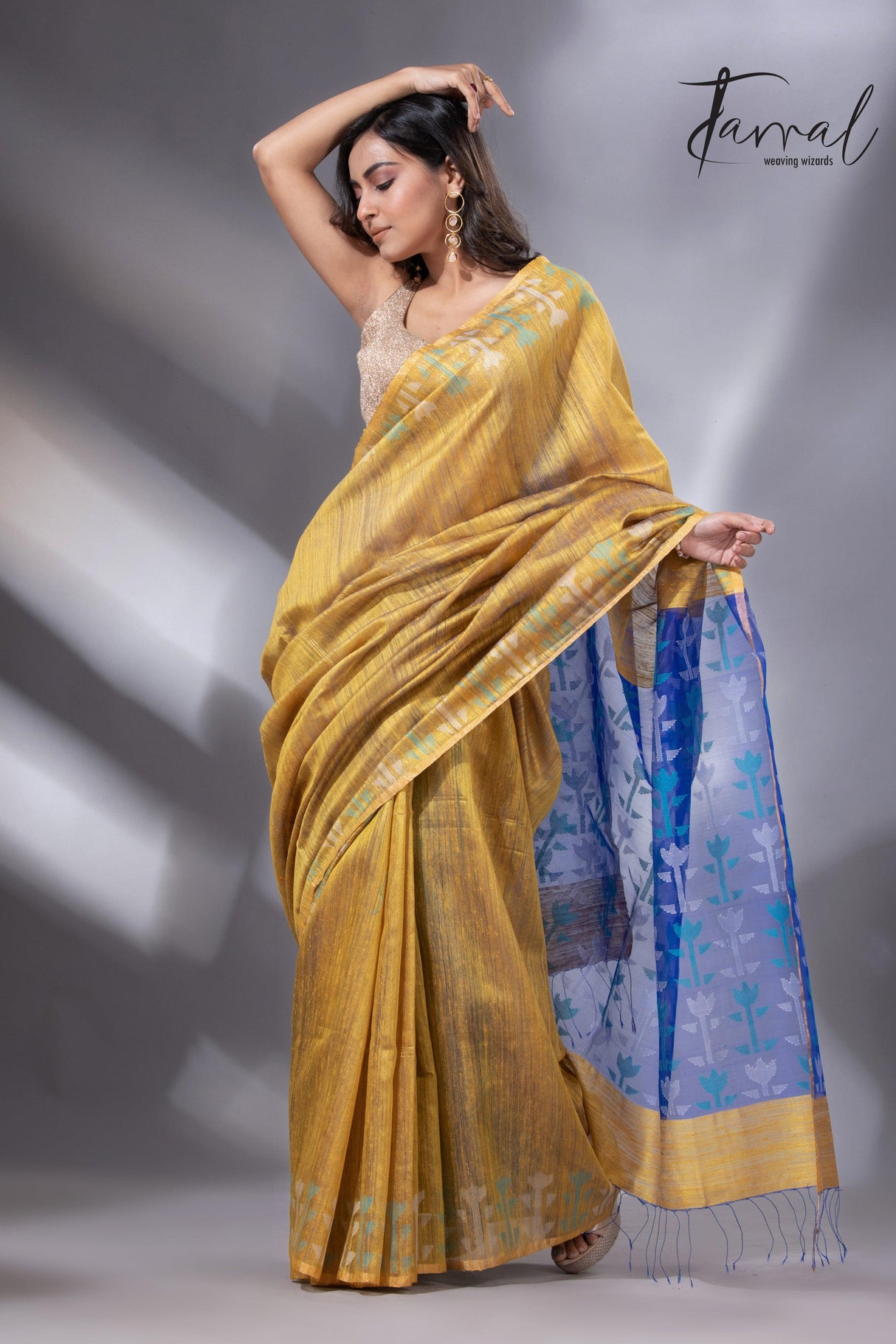 Golden Horizon with blue pallu matka silk handwoven jamdani saree - Tamal Boutique