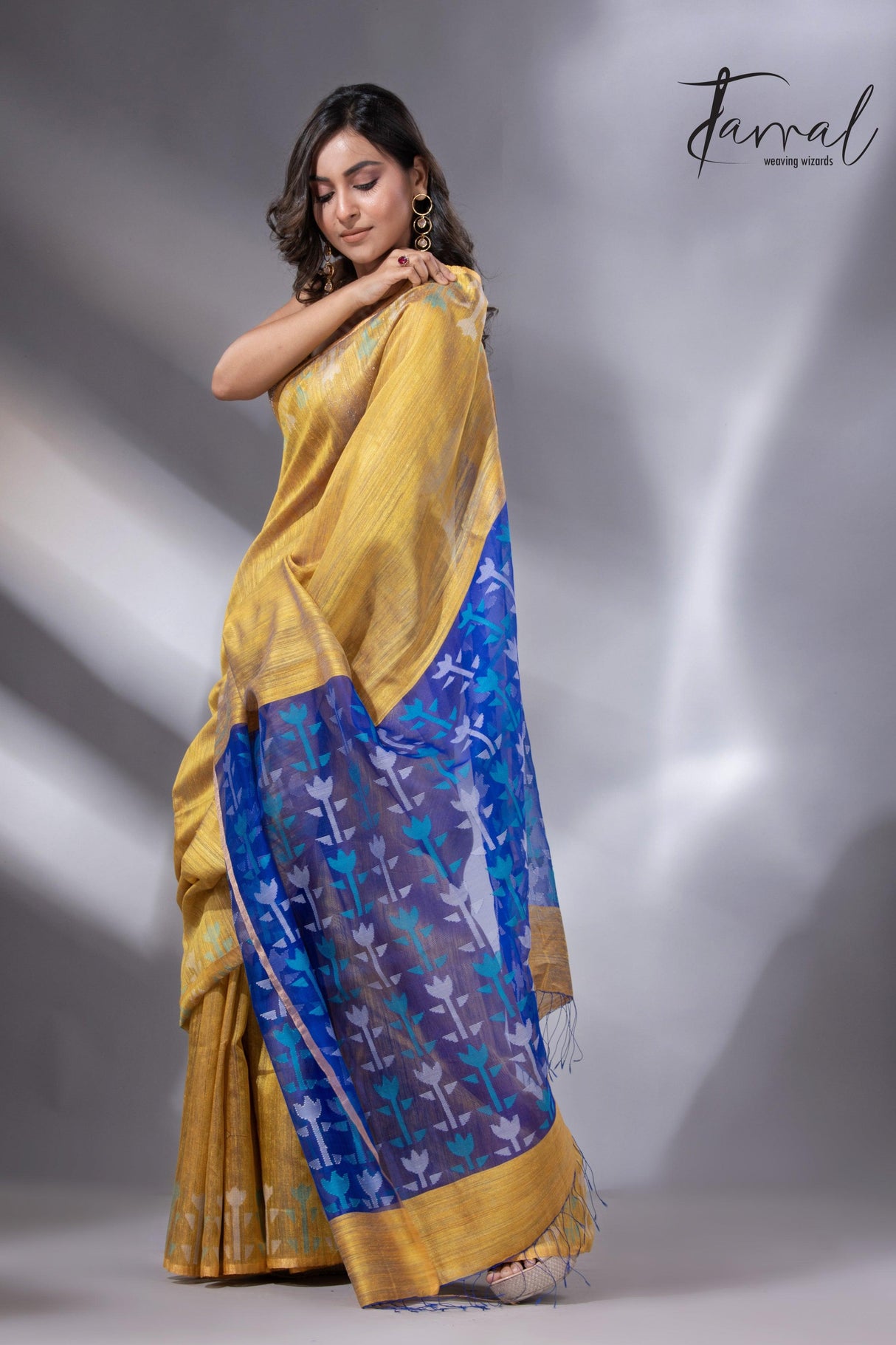 Golden Horizon with blue pallu matka silk handwoven jamdani saree - Tamal Boutique