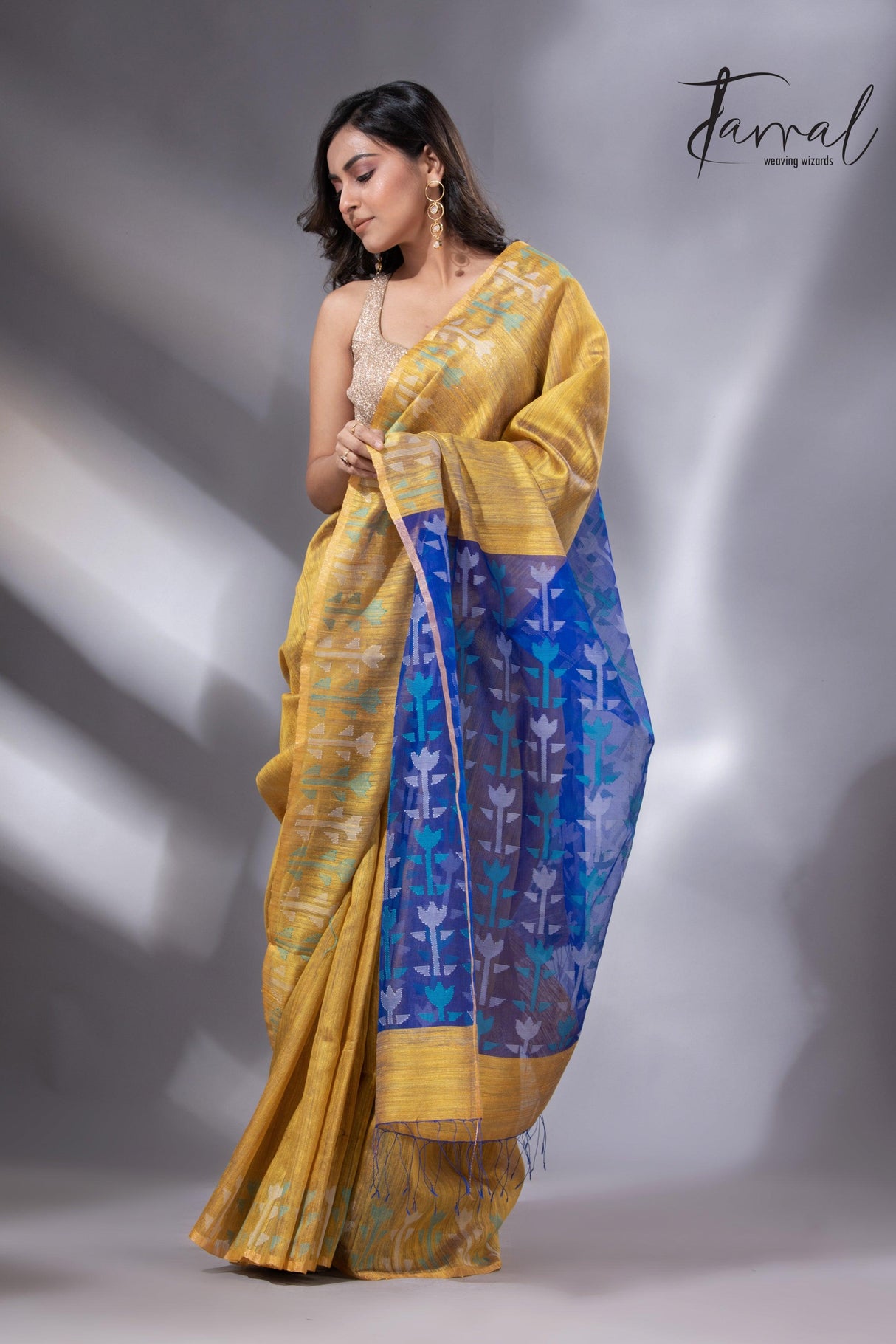 Golden Horizon with blue pallu matka silk handwoven jamdani saree - Tamal Boutique