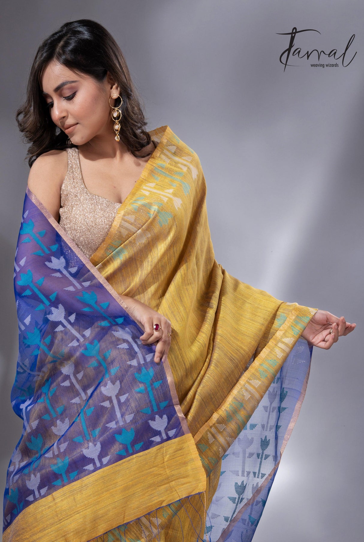 Golden Horizon with blue pallu matka silk handwoven jamdani saree - Tamal Boutique