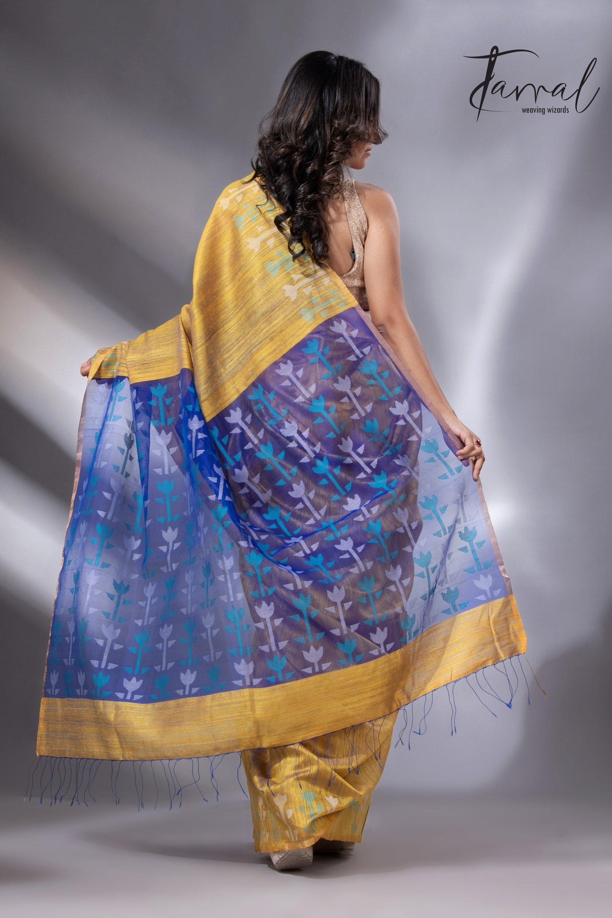Golden Horizon with blue pallu matka silk handwoven jamdani saree - Tamal Boutique