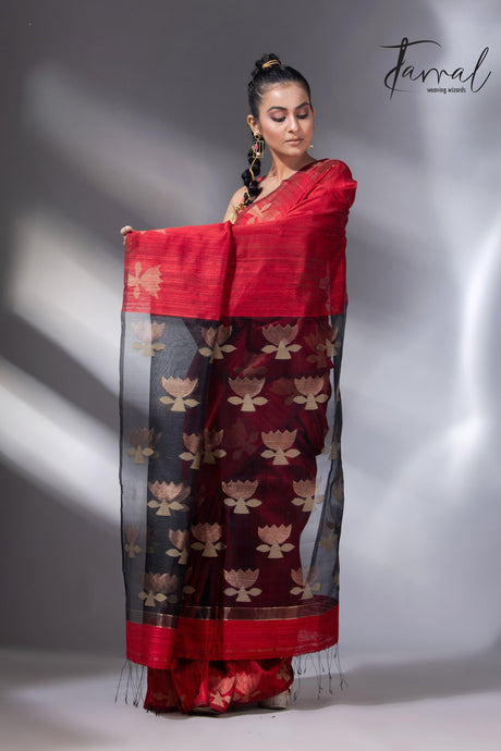 Red with black golden lotus matka silk handwoven jamdani saree - Tamal Boutique
