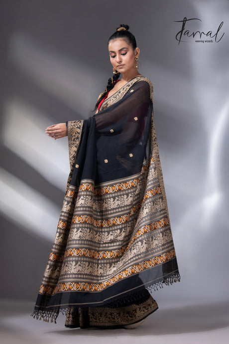 Black Colour baluchari Handwoven Jamdani saree - Tamal Boutique