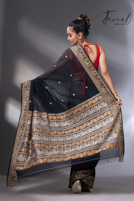 Black Colour baluchari Handwoven Jamdani saree - Tamal Boutique