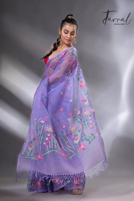 Light lavender colour floral muslin silk handwoven jamdani saree - Tamal Boutique