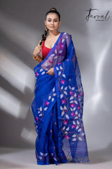 Deep Indigo with multi colour muslin silk floral handwoven jamdani saree - Tamal Boutique