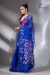 Deep Indigo with multi colour muslin silk floral handwoven jamdani saree - Tamal Boutique