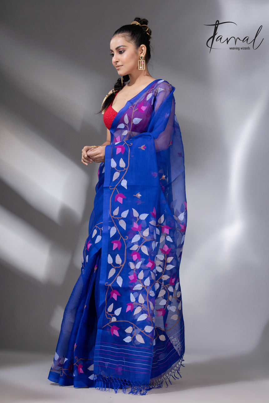 Deep Indigo with multi colour muslin silk floral handwoven jamdani saree - Tamal Boutique