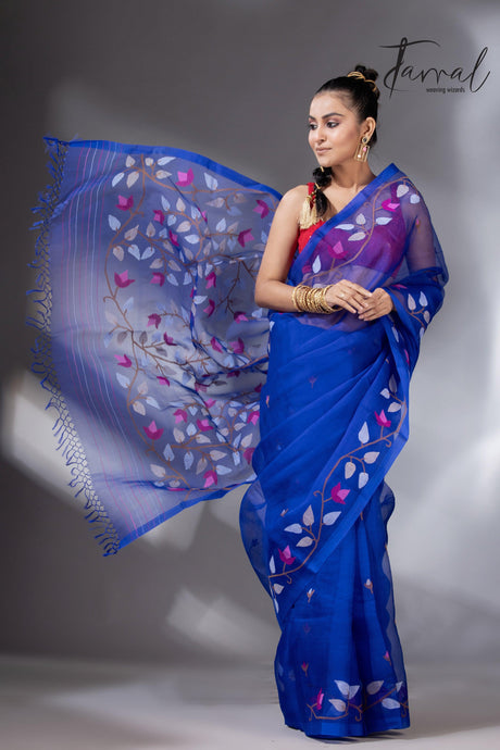 Deep Indigo with multi colour muslin silk floral handwoven jamdani saree - Tamal Boutique