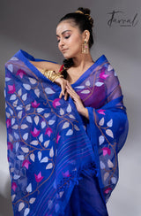 Deep Indigo with multi colour muslin silk floral handwoven jamdani saree - Tamal Boutique
