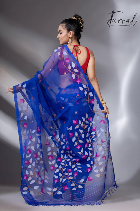 Deep Indigo with multi colour muslin silk floral handwoven jamdani saree - Tamal Boutique