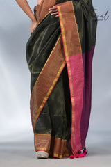 Bottle green with Rani pallu zari striped cotton handloom saree