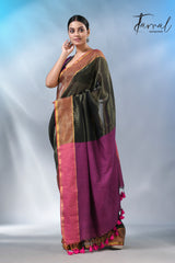 Bottle green with Rani pallu zari striped cotton handloom saree