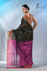 Bottle green with Rani pallu zari striped cotton handloom saree