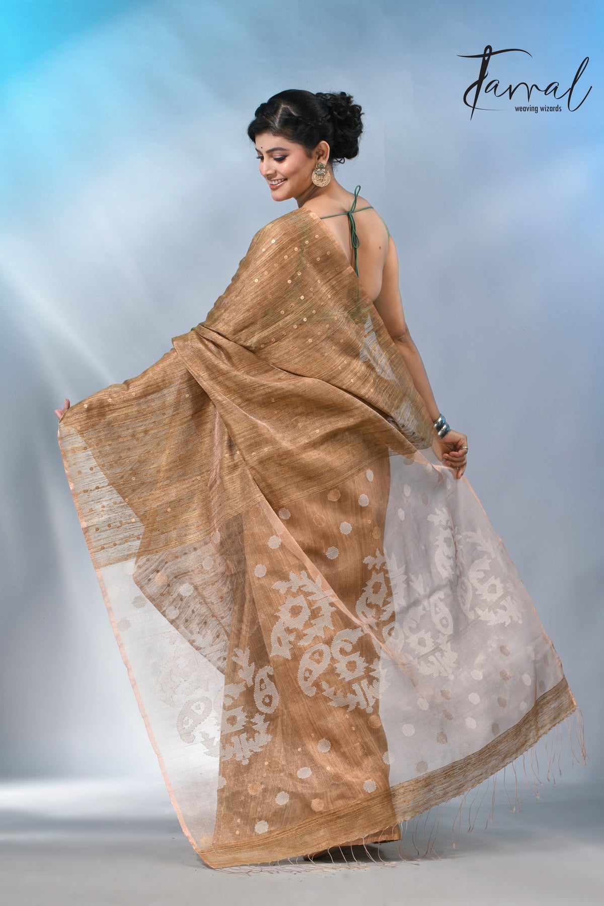 Handwoven Brown Matka Silk Jamdani Saree With Elegant Sequin Work