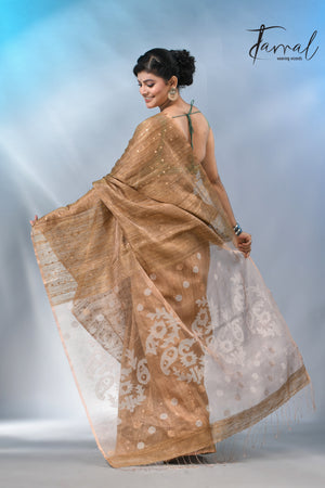 Handwoven Brown Matka Silk Jamdani Saree With Elegant Sequin Work