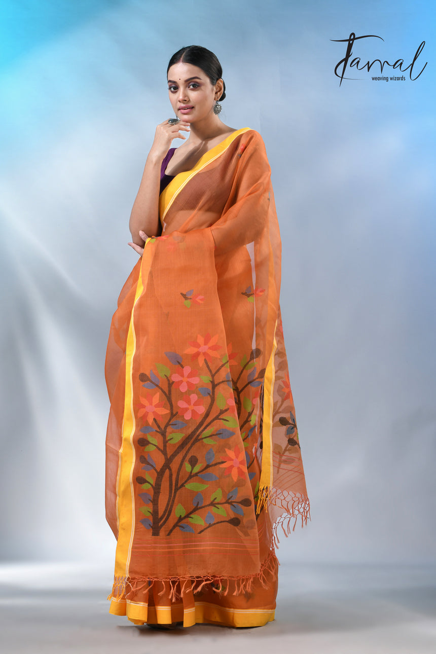 Orange with yellow border muslin silk floral handwoven jamdani saree