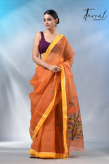 Orange with yellow border muslin silk floral handwoven jamdani saree