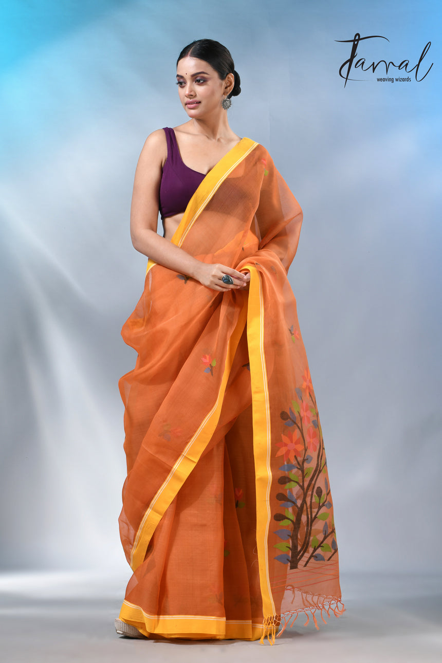 Orange with yellow border muslin silk floral handwoven jamdani saree