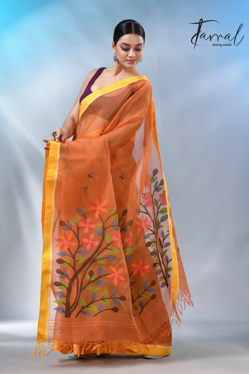 Orange with yellow border muslin silk floral handwoven jamdani saree