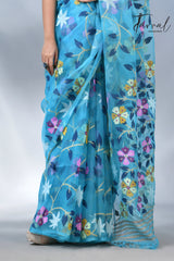 Sky blue with multicolour allover muslin silk handwoven jamdani saree