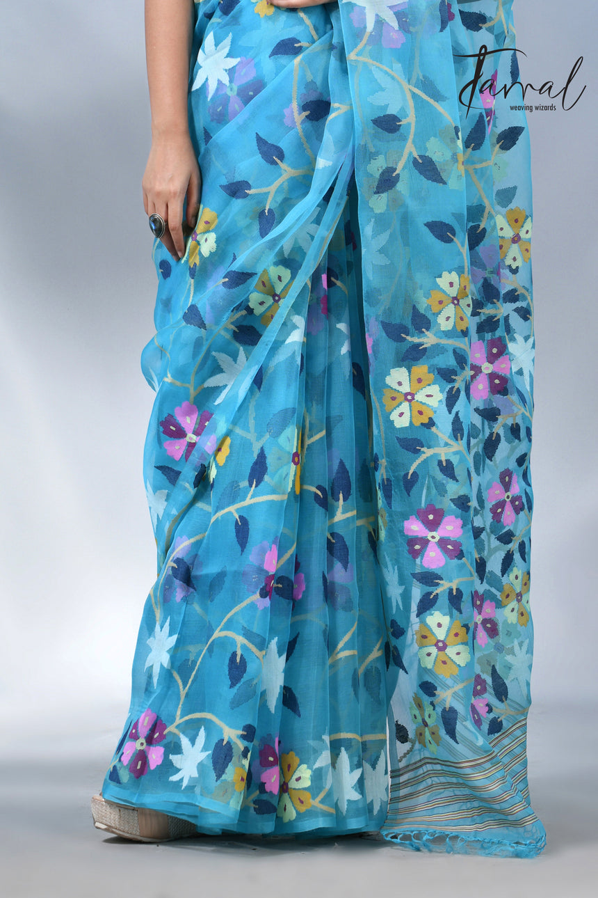 Sky blue with multicolour allover muslin silk handwoven jamdani saree