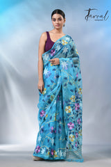 Sky blue with multicolour allover muslin silk handwoven jamdani saree