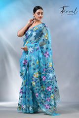 Sky blue with multicolour allover muslin silk handwoven jamdani saree