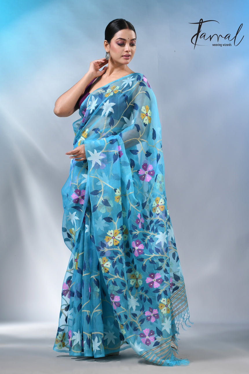 Sky blue with multicolour allover muslin silk handwoven jamdani saree
