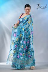Sky blue with multicolour allover muslin silk handwoven jamdani saree