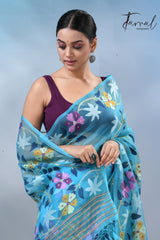 Sky blue with multicolour allover muslin silk handwoven jamdani saree