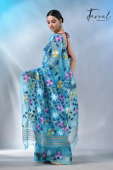 Sky blue with multicolour allover muslin silk handwoven jamdani saree