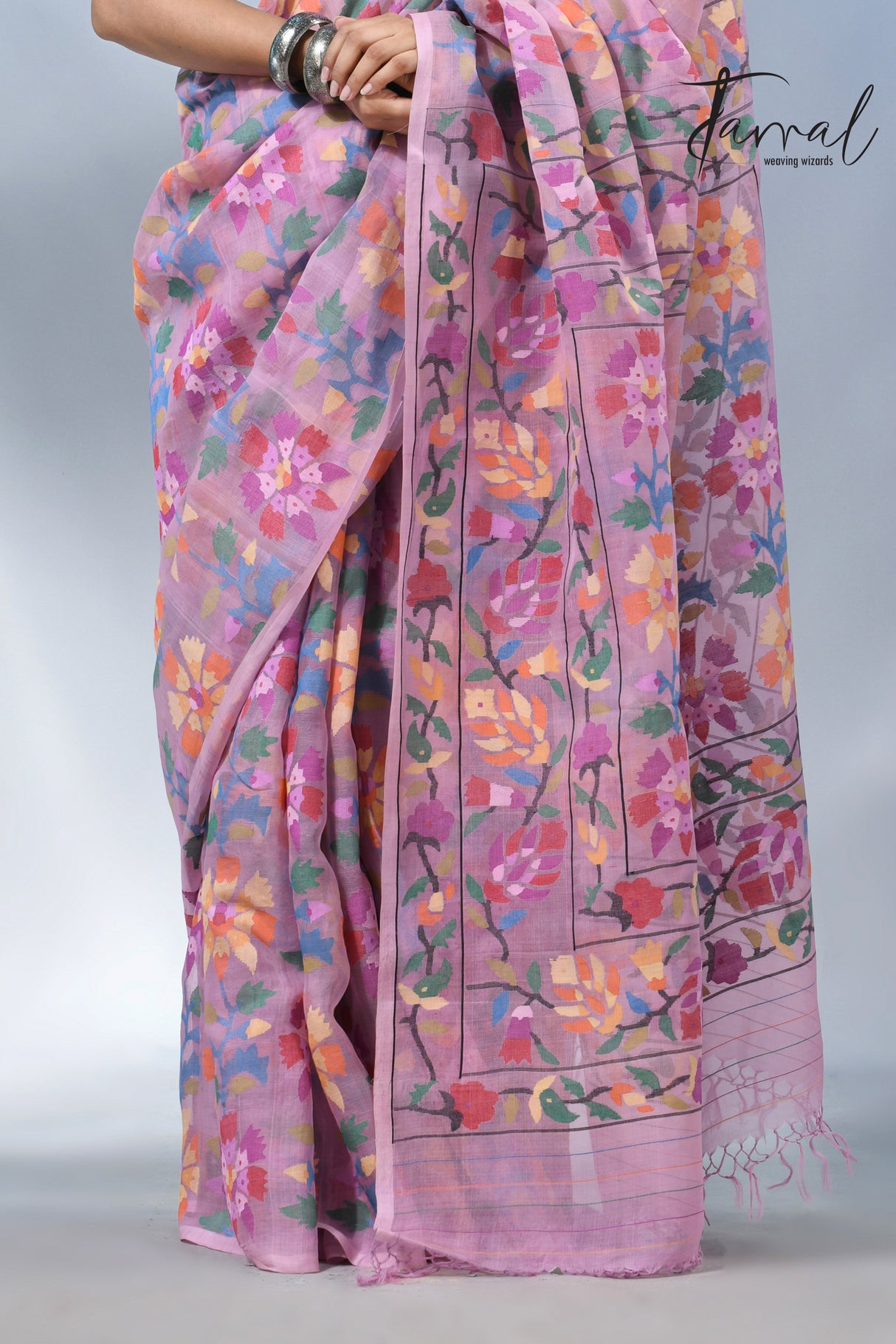 Dust pink with multi colour allover handwoven muslin silk jamdani saree