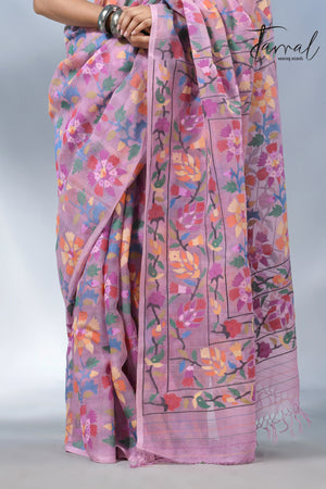 Dust pink with multi colour allover handwoven muslin silk jamdani saree