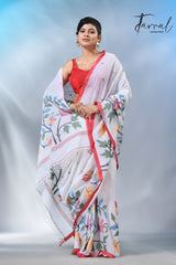 White with red border cotton handwoven jamdani saree