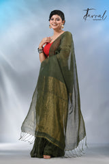 Bottle green with golden zari stripe pallu linen handloom saree