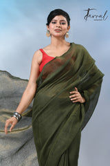 Bottle green with golden zari stripe pallu linen handloom saree