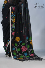Black pure cotton floral handwoven jamdani saree