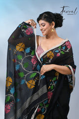 Black pure cotton floral handwoven jamdani saree