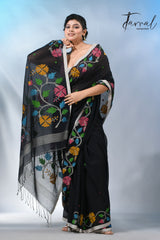 Black pure cotton floral handwoven jamdani saree