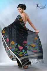 Black pure cotton floral handwoven jamdani saree
