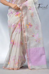Offwhite hibiscus floral motifs muslin silk handwoven jamdani saree