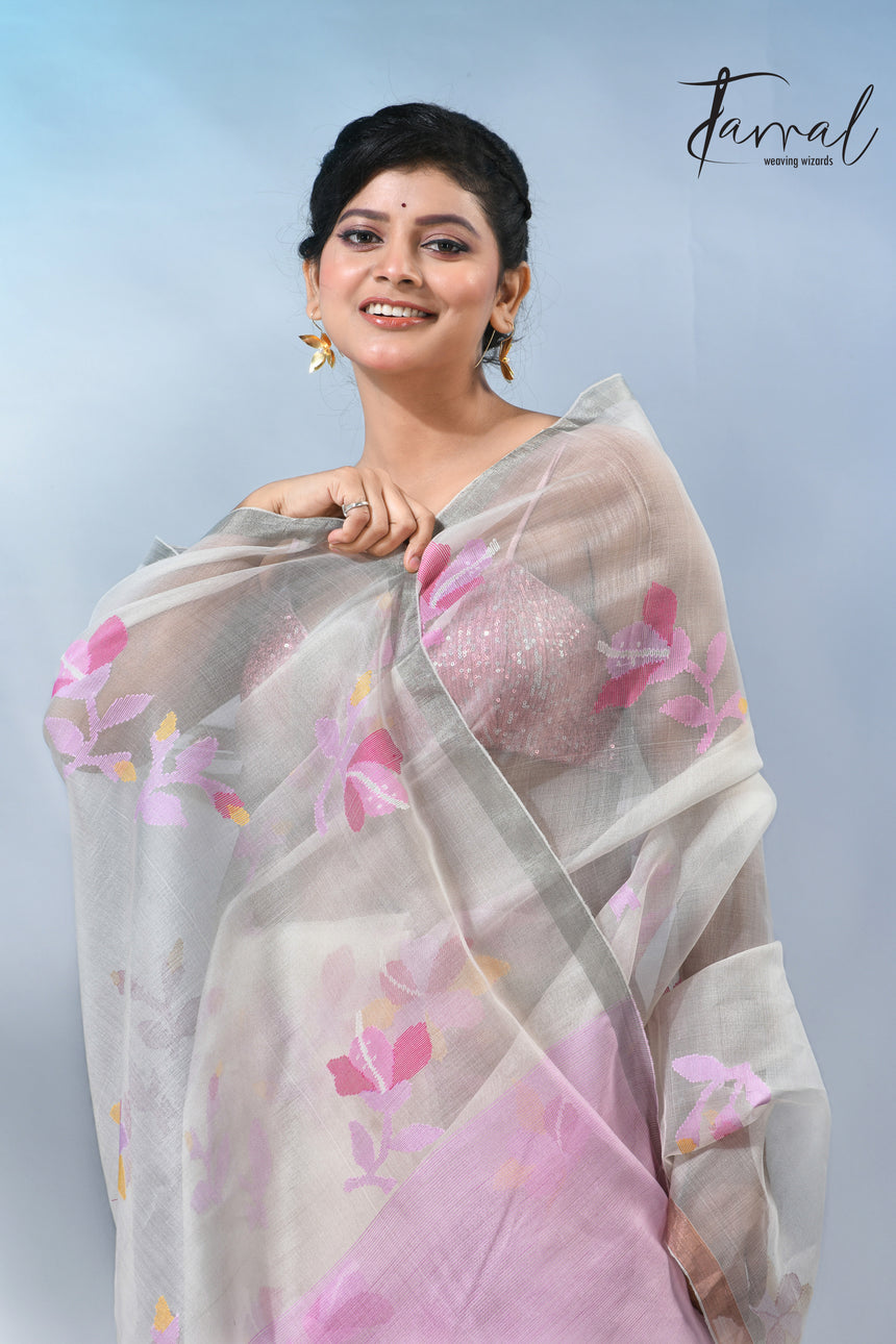 Offwhite hibiscus floral motifs muslin silk handwoven jamdani saree
