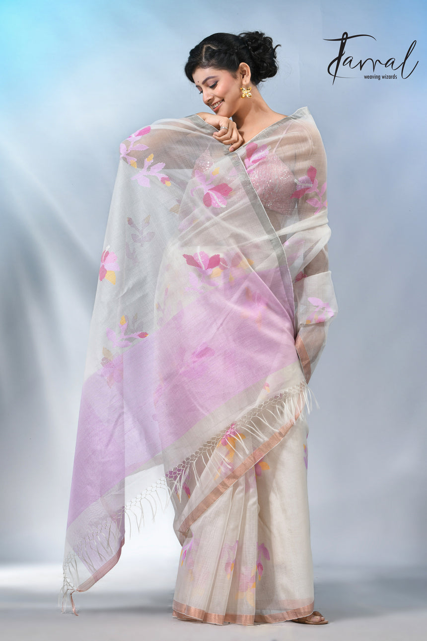 Offwhite hibiscus floral motifs muslin silk handwoven jamdani saree