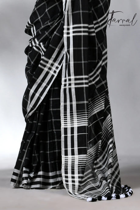 Black with white border checks bhujodi cotton handloom saree