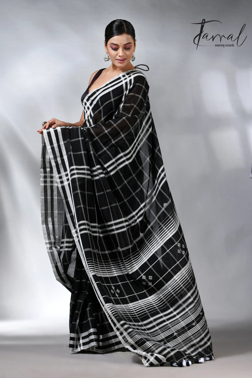 Black with white border checks bhujodi cotton handloom saree