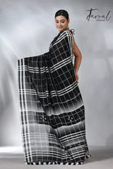 Black with white border checks bhujodi cotton handloom saree