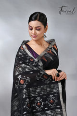 Black with silver zari border cotton handwoven jamdani saree