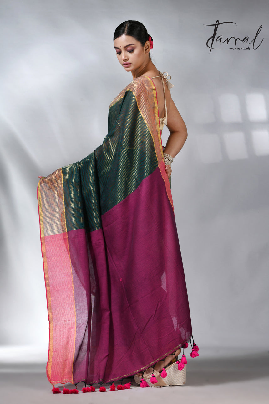 Bottle green with Rani pallu zari striped cotton handloom saree