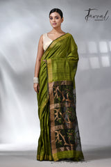 Green Matka Silk Jamdani Saree with Zari Border and Floral Pallu